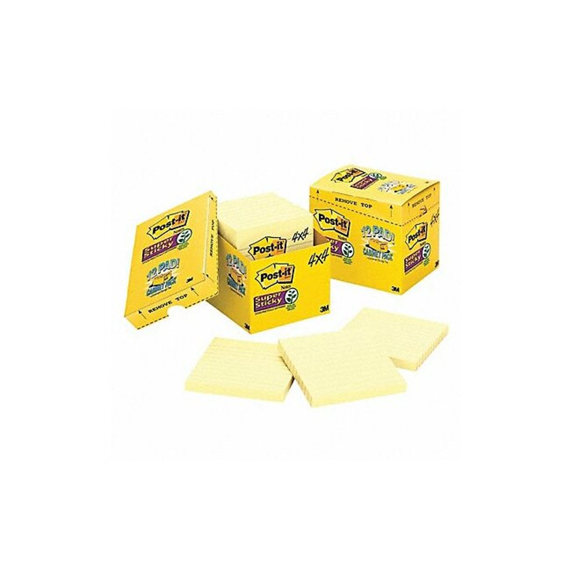 Wholesale CASE of 10 - 3M Post-it Super Sticky Canary Lined Cabinet Pak-Super Sticky Pads,Lined,4"x4",12/PK,90 Sheet/PD,Canary