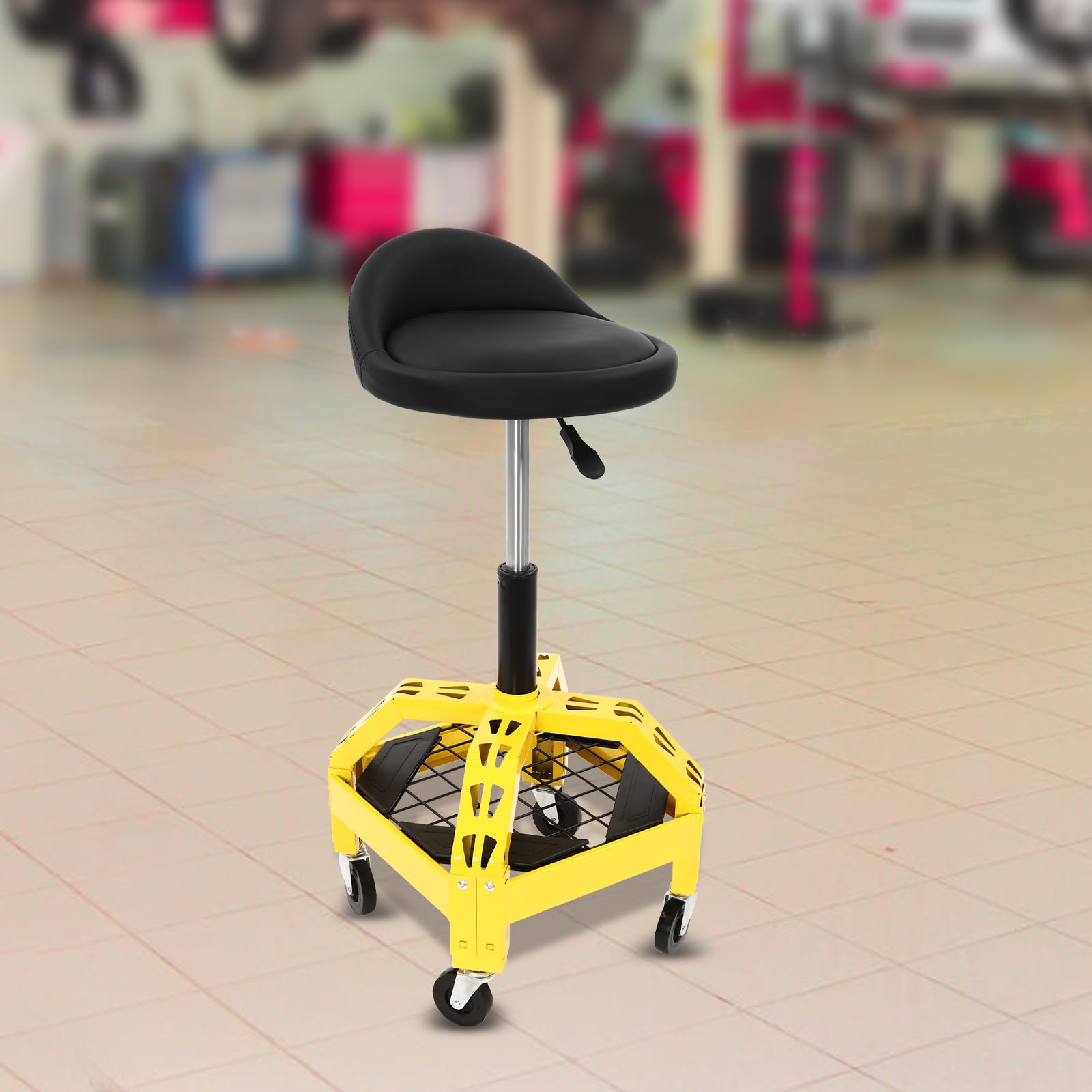 HASKYY Werkplaatskruk Werkkruk Praktijkkruk 43-58 cm - Tot 150 kg belastbaar - Gestoffeerde werkplaatsstoel met 360° wielen & opbergvakken Zwart/Rood