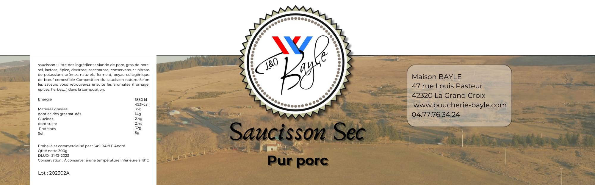 Saucisson sec de campagne Artisanal - Porc Francais - Sélectionné par vos Champions du Monde de Boucherie - 1 pièce 350g - Panier Gourmand Charcuterie - Idée Cadeau apéro