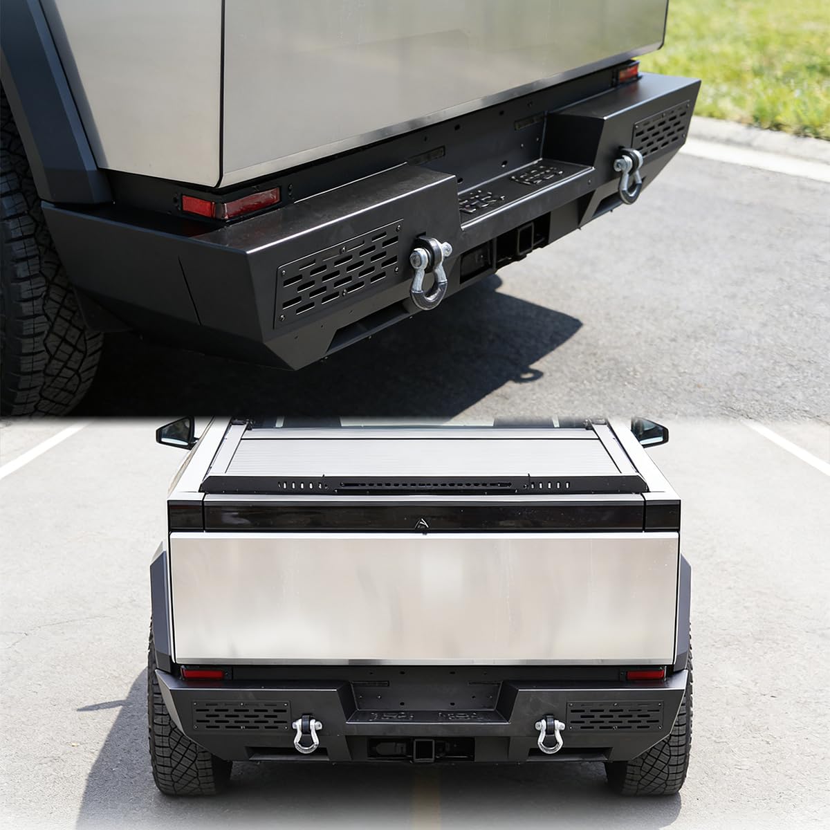 Rear Bumper for 2024 2025 2026 Tesla Cybertruck | Rear Bumper with Non-Slip Stepped PlatformHoles For Factory Tow Hitch & Trailer Plug Mounts & D-Ring and Horn Mounting Hole product thumbnail 9