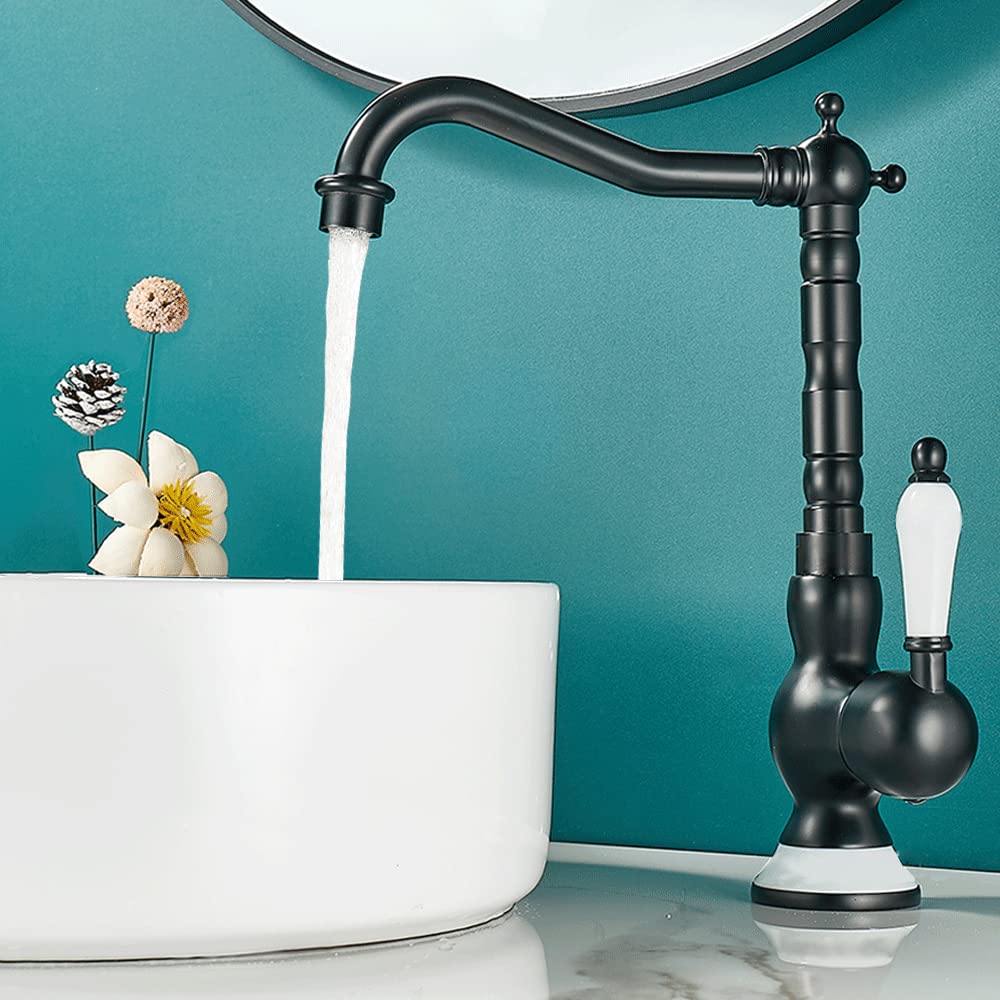 Maynosi Bathroom Sink Taps, Retro Basin Mixer Tap, Traditional Kitchen Tap with 360 Degree Swivel Spout, Victorian Ceramic Lever Faucet for or Bathroom, Include Hoses, Brass (Matte Black) CH6697