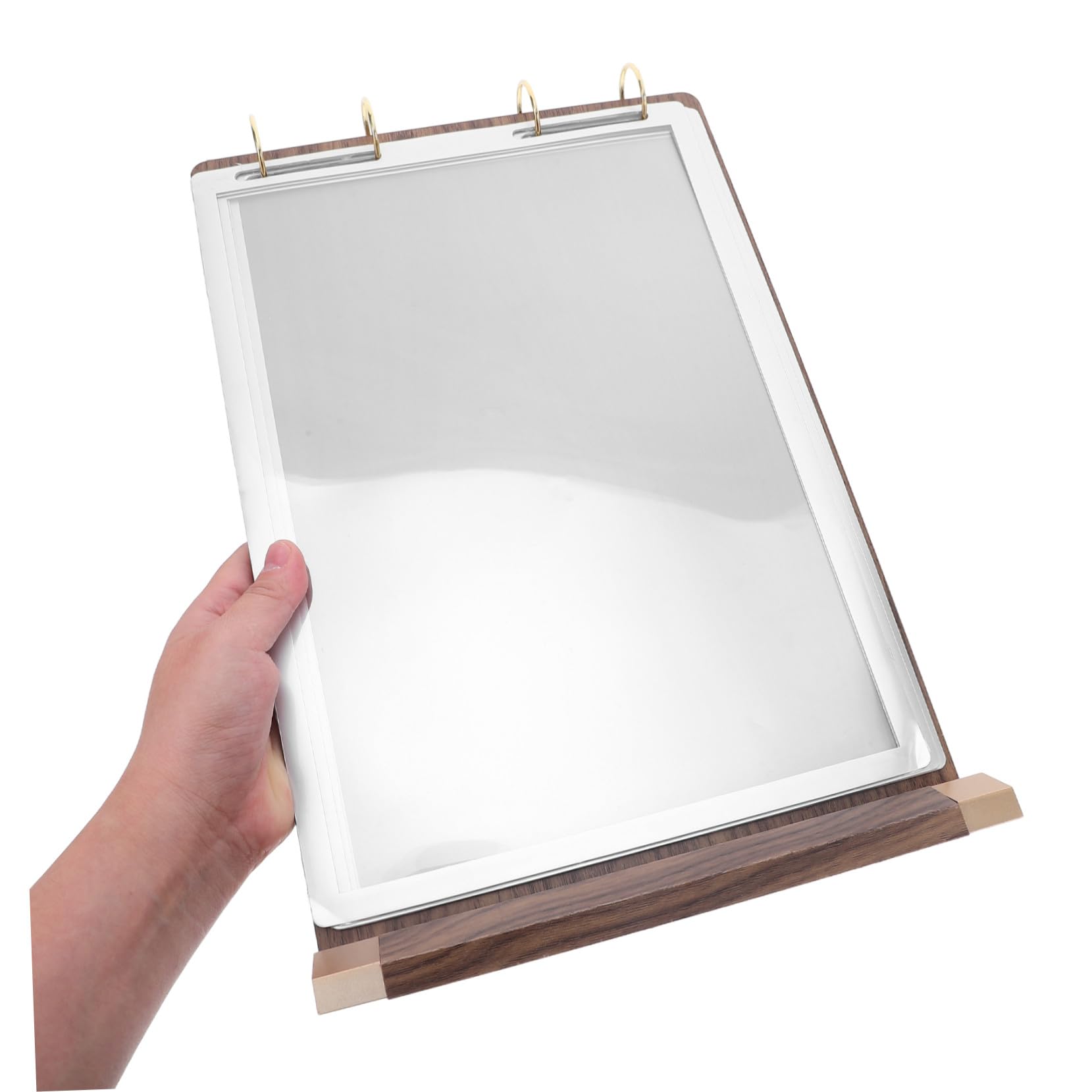 PLAFOPE Soporte para Carteles de Mesa de Madera de Nogal Porta Menús de Mesa Doble Cara con Diseño de Páginas Desplegables para Restaurantes Exhibidor Transparente para Escritorio y