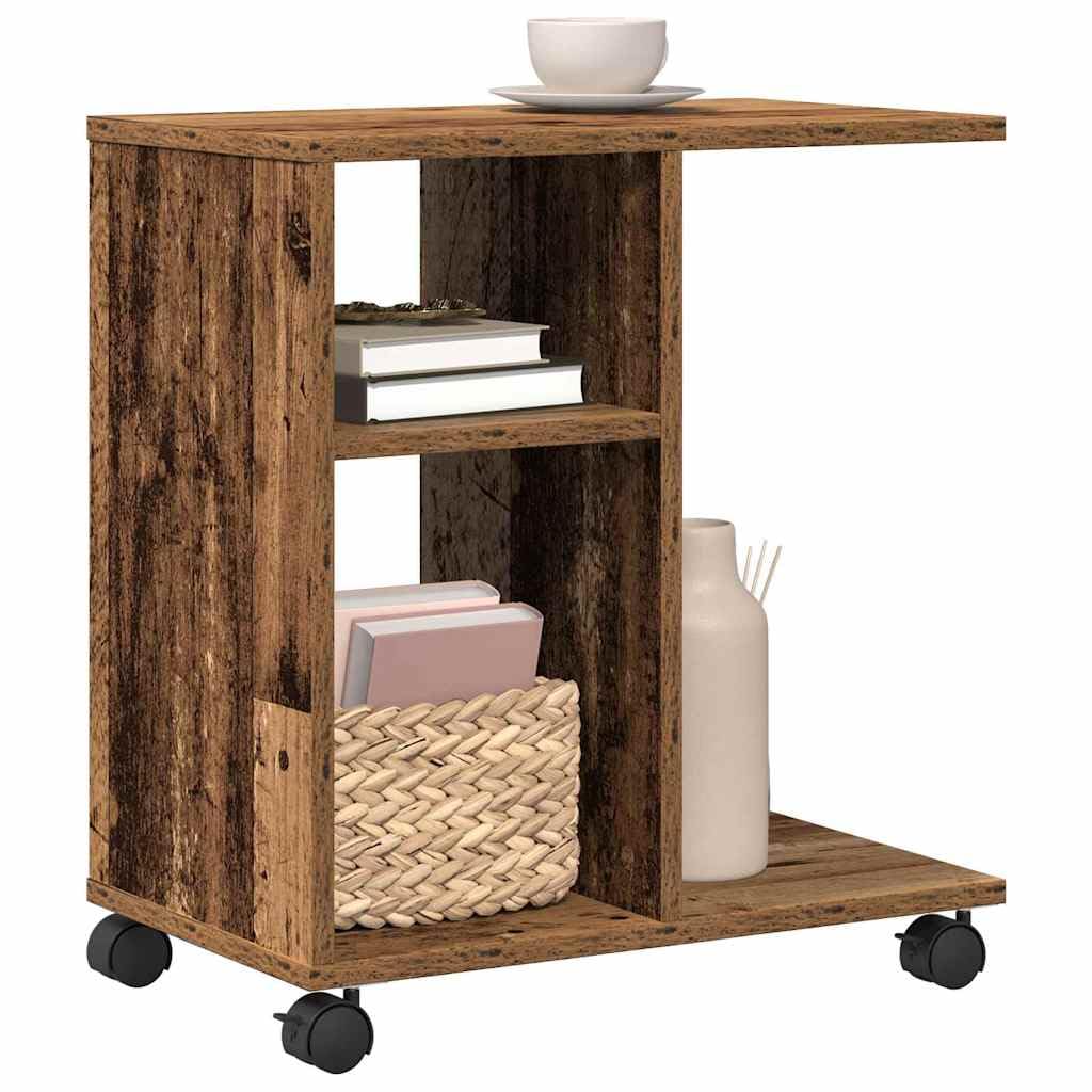 Mesa auxiliar con estante de madera recuperada de 50 x 30 x 55 cm, con ruedas, práctico estante, versátil como mesa de centro, mesita de noche, mesa de sofá para salón, dormitorio, pasillo