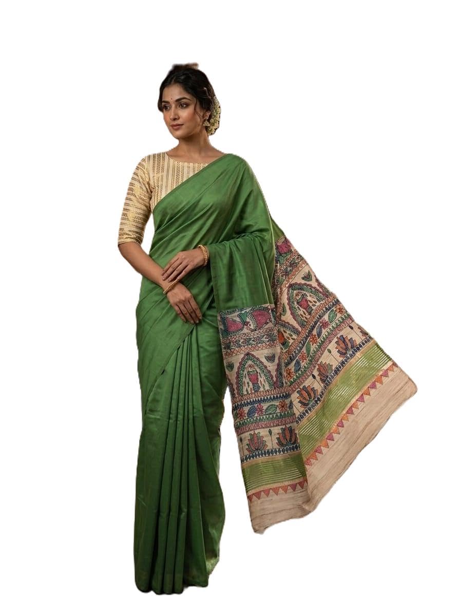 Green Madhubani Hand-Painted Giccha Silk Saree with Fish and Lotus Motifs Aanchal-picture-33