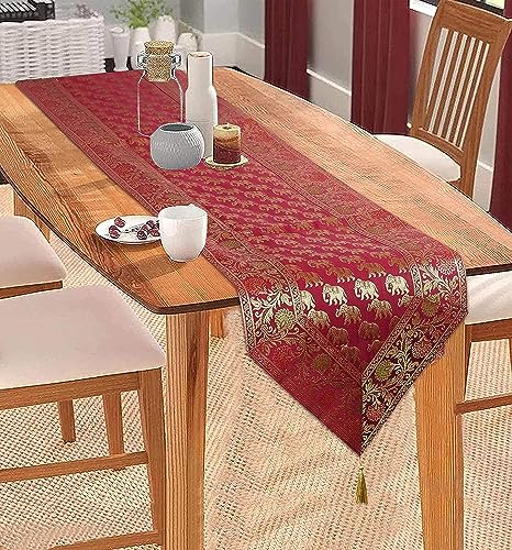 Image of Traditional Brocade Silk Table Runner for Living Room 4 to 6 Seater Dining Table Runner Elephant End Tassels 14x80 Inches (Maroon)