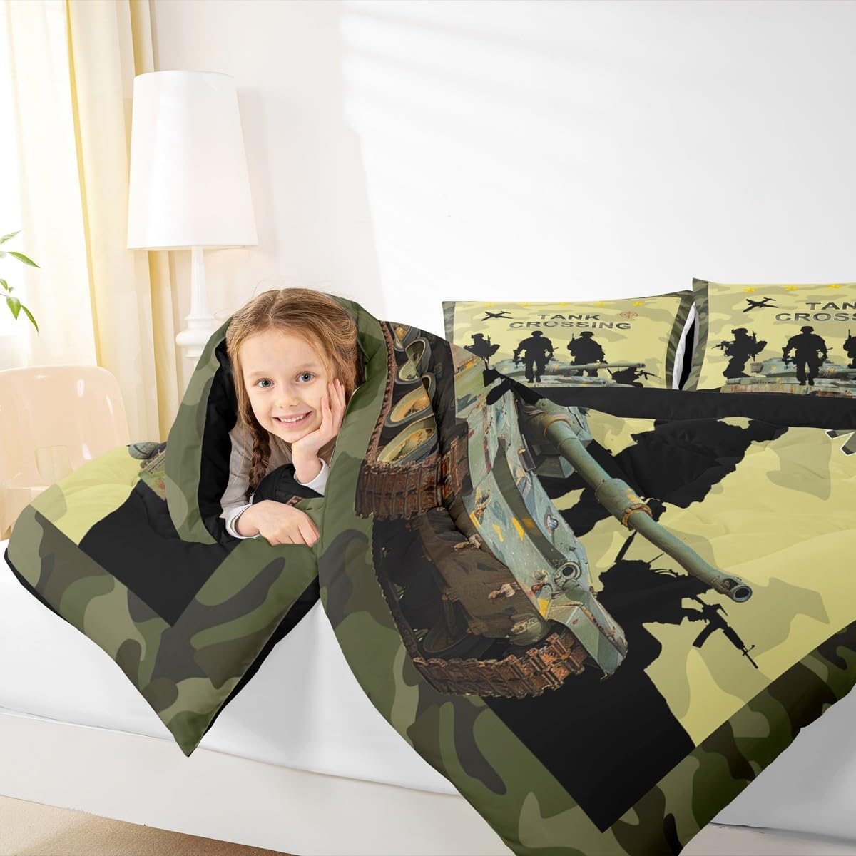 Homewish Camo Tank Comforter Set Twin Size,American Soldiers Silhouette Bedding Set 2Pcs,Army Green Camouflage Quilt Set for Kids Boys Teens Men Room Decor,Fashion Modern Duvet Insert,1 Pillowcase