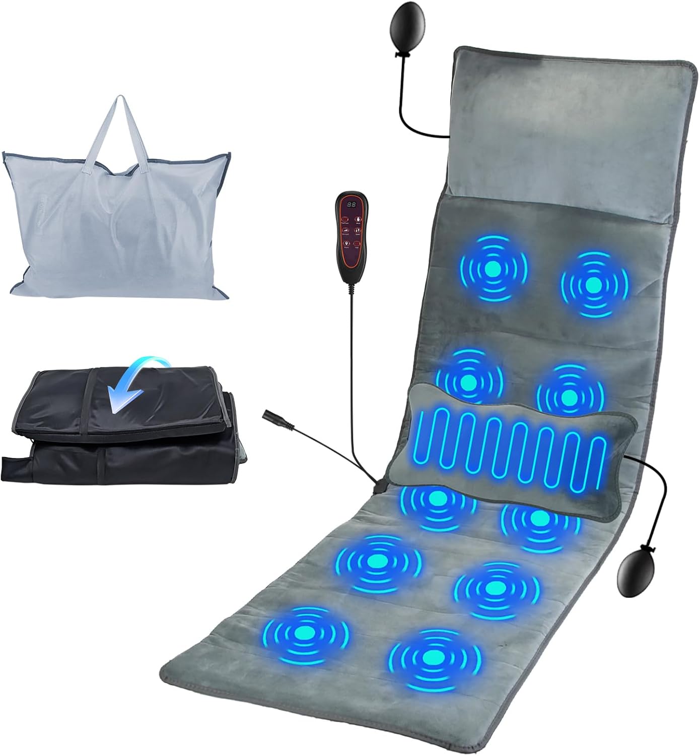 TeqHome Full Body Massage Mat with Heat & Lumbar Massager Pillow,Back Heated Massage Mattress Chair Pad with 10 Vibration Motors, 3 Heating Pads & 9 Working Modes for Neck Back Leg Pain Relief