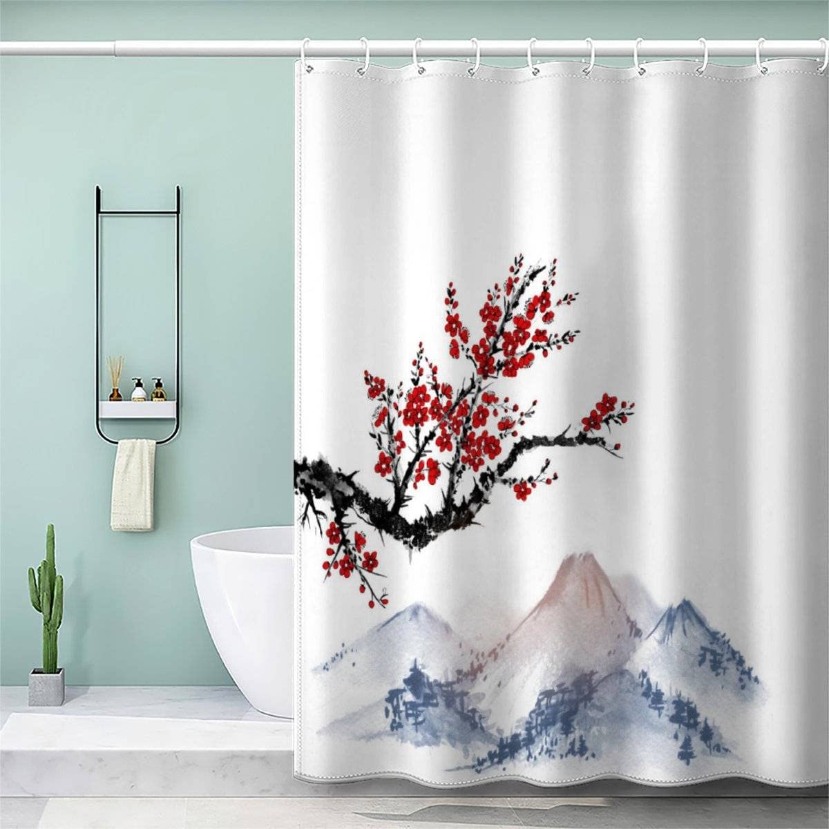 VASENA Japanese Style Shower Curtain Kids Mould Mildew Resistant Waterproof Polyester Fabric Bathroom Curtains Japanese Cherry Blossom Shower Curtain with12 Hooks 120x180 cm
