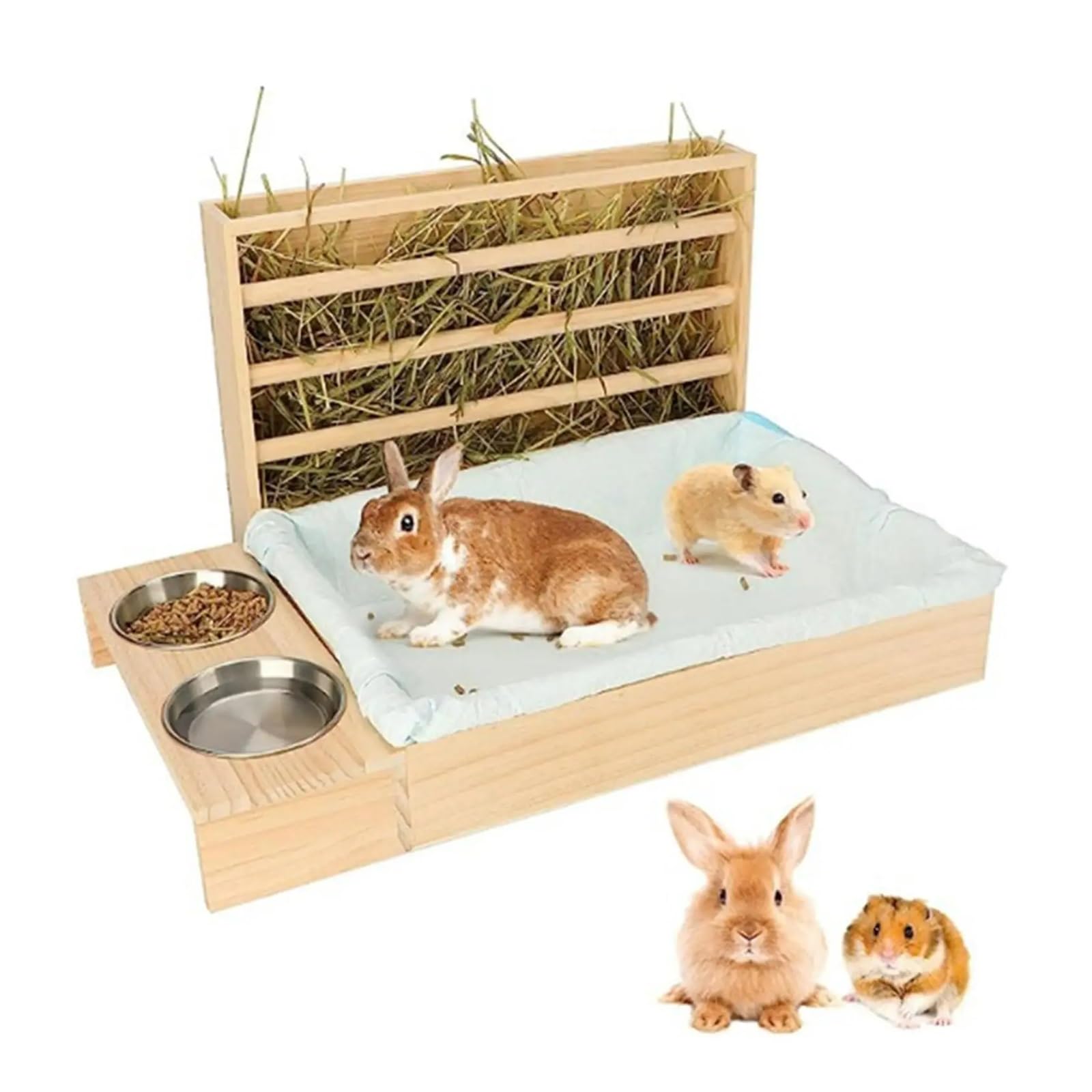 Distribuidor automático de heno para Conejos Dispensador de Comida for Conejos, comedero heno Madera con Caja Arena, Cuencos, alimentador Agua for, hámster, Animales pequeños