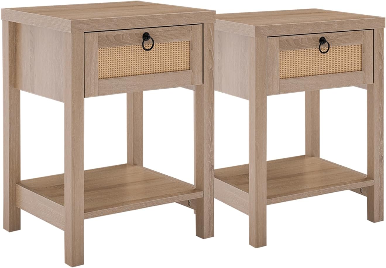 Rattan Night Stand Set of 2, Boho Bedside Table with Rattan Decor Drawer & Open Shelf, Farmhouse End Tables Bed Side Tables Accent Table for Bedroom Sofa Office