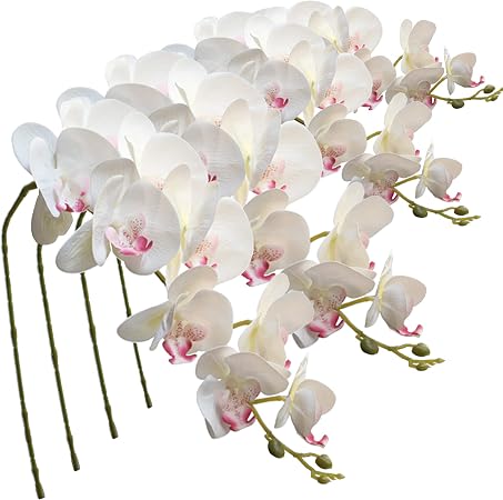 FagusHome 4-Pack Artificial Phalaenopsis Orchid Stems | 42 Inch Real Touch White Flowers | Home & Office Décor