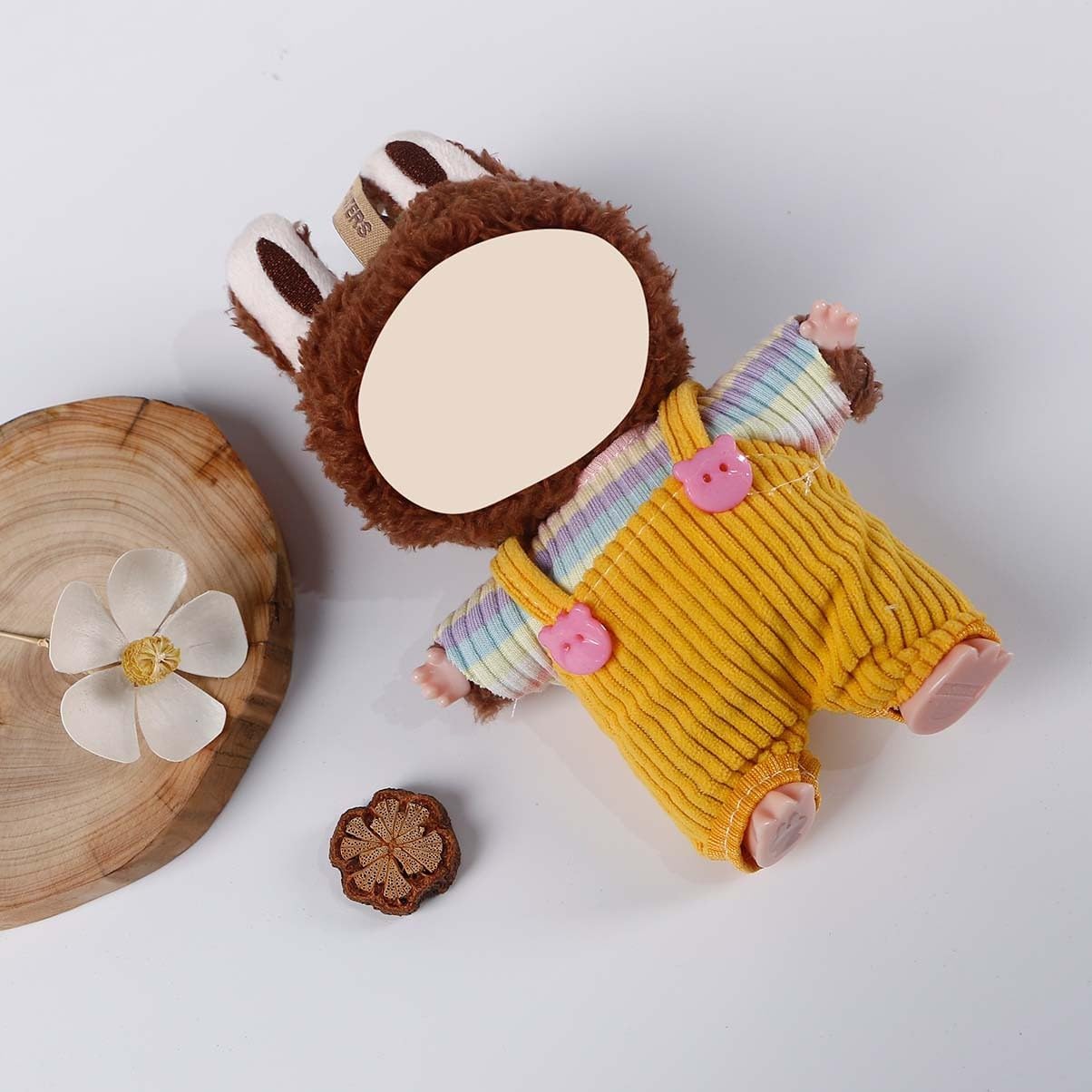 Compatible with Labubu 15cm/17cm - Rainbow Striped Knit Top & Yellow Corduroy Overalls with Pink Bear Buttons, Doll Outfit Set
