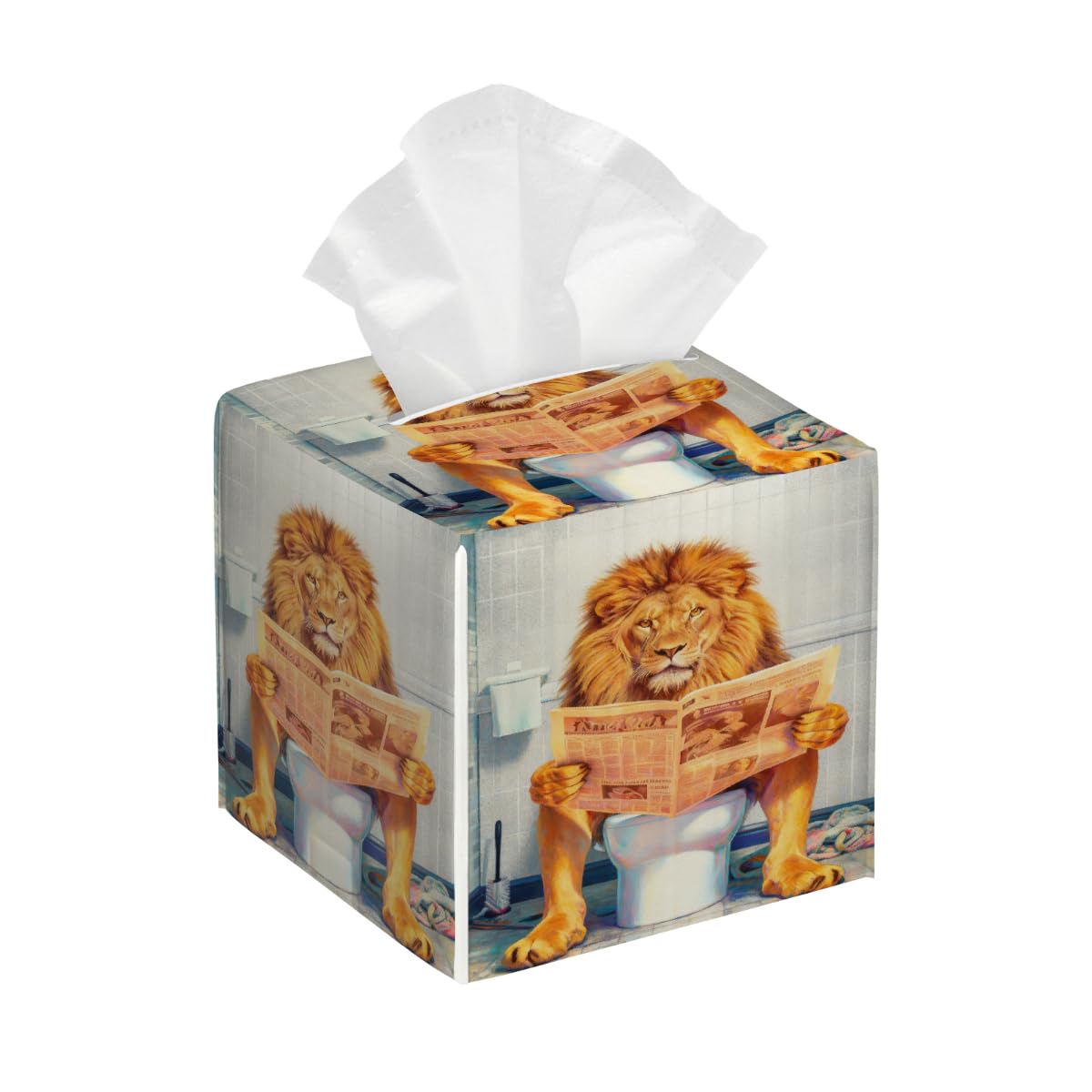 Tissue Box Cover Square Pu Leather Tissue Box Holder Waterproof Paper Organizer Dispenser for Bathroom Kitchen Bedroom Car Office Lion Read Newspapers