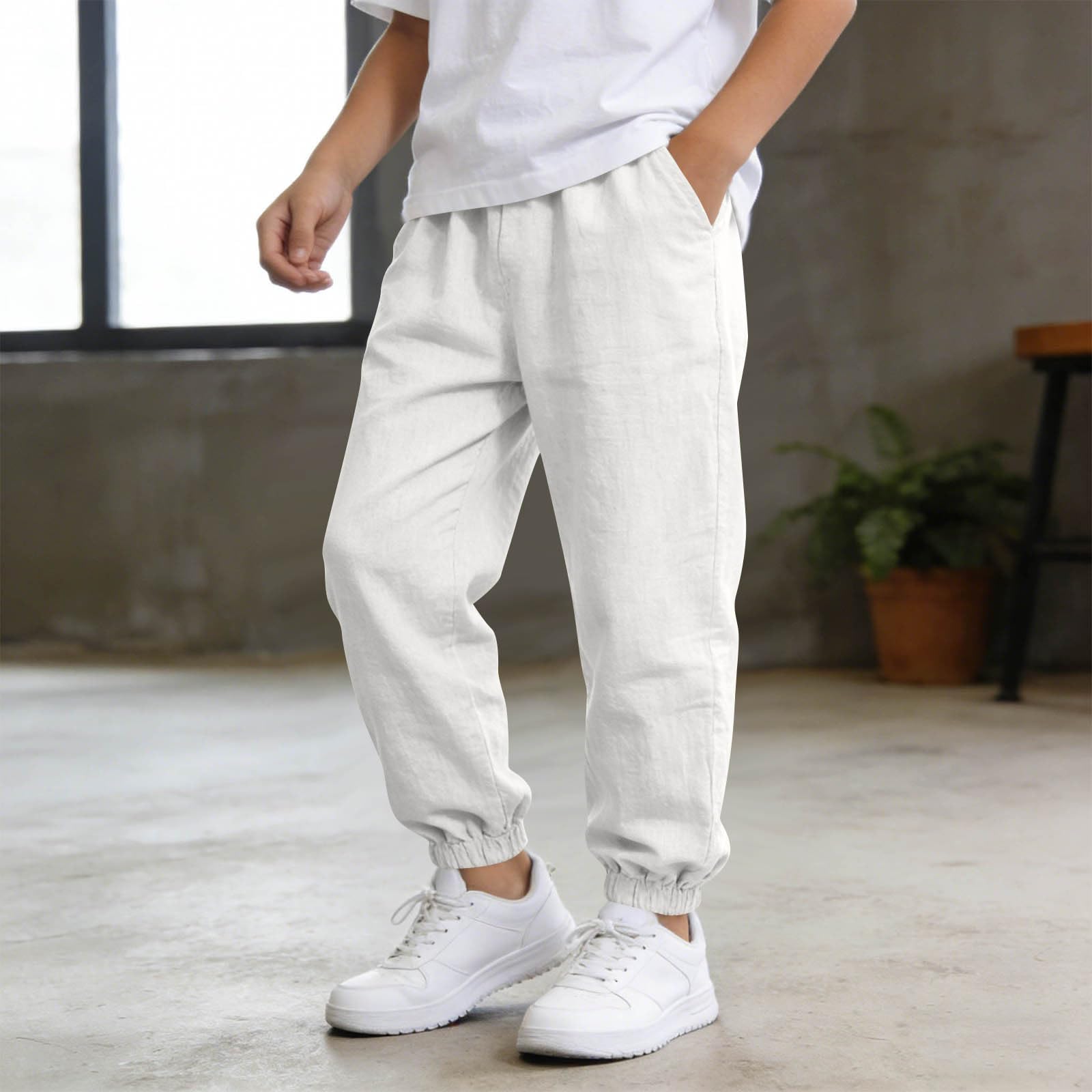Pantanlones de Lino para Niños,Algodón y Lino Pantanlon Chandal Niño Cintura Elástica Pantalón Chino Largo Sueltos con Bolsillos Cómodo Transpirable Jogging Pants Ropa Adolescentes Chicos 5-15 Años