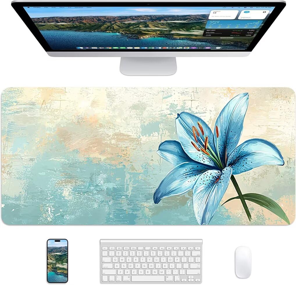 Wxuaixnn Flower Podkładka pod mysz dla graczy XXL 160 x 80 cm, szyta krawędź i antypoślizgowa podstawa, niebieska wodoodporna mata na biurko, do laptopa lub podkładka pod mysz i podkładka pod mysz do