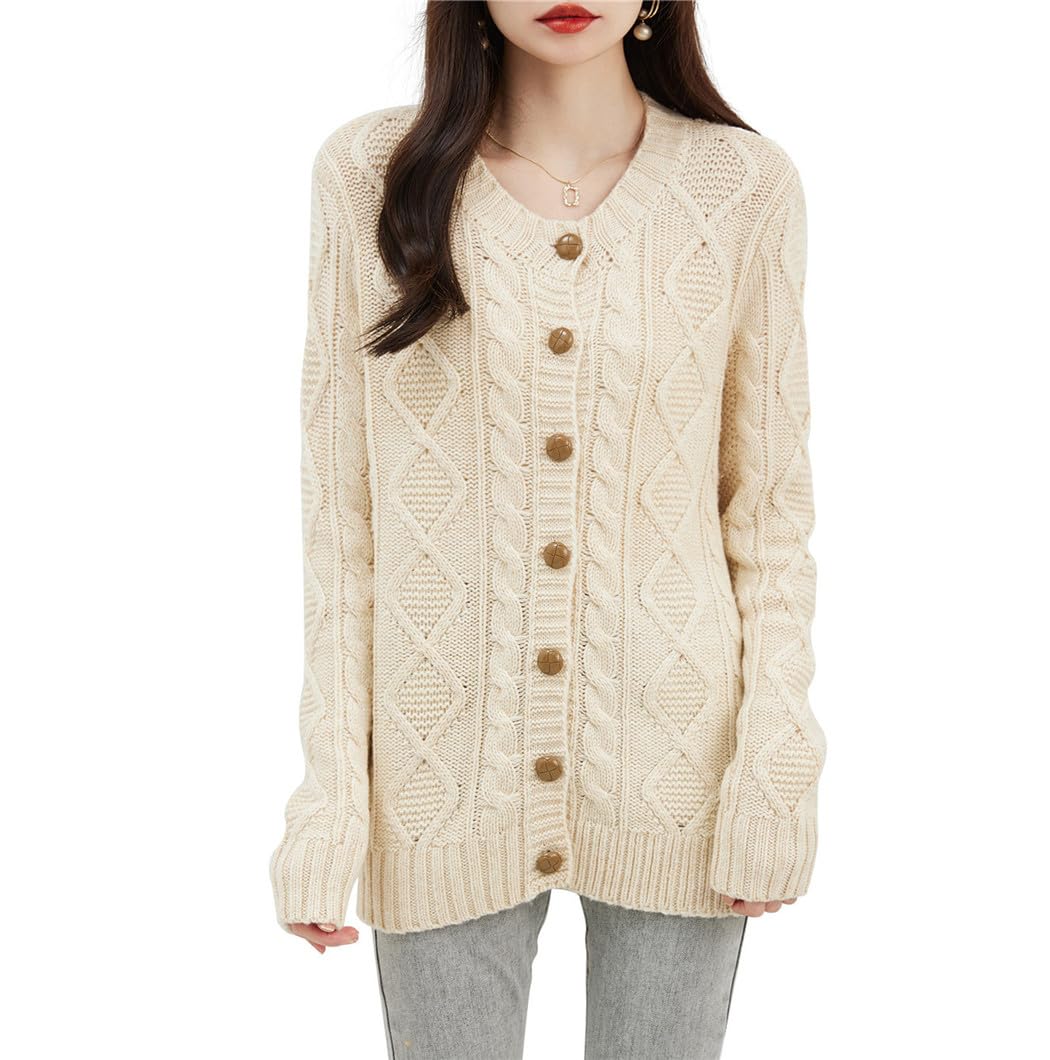Dninmim Cárdigan de lana de manga larga para mujer, suéter de punto con cuello redondo, estilo vintage