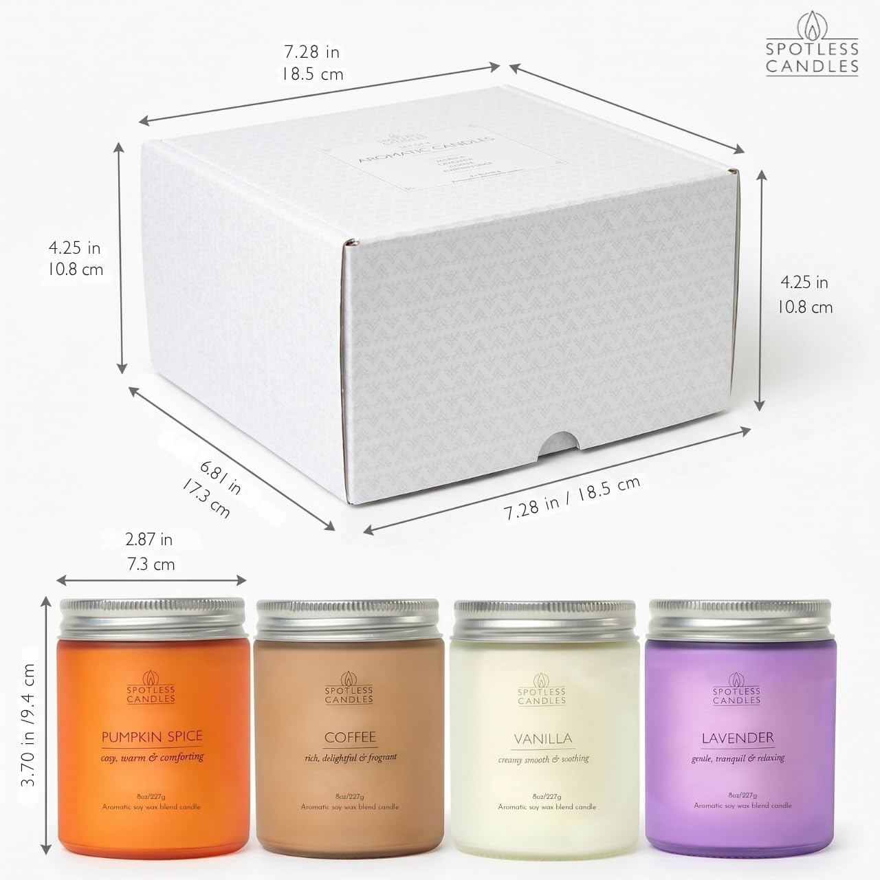 Spotless Leopard Juego de velas para mujer, regalos para mujer, paquete de 4 velas perfumadas de 227 g, juego mixto de aromas clásicos en tarros de vidrio de colores de 7,6 x 10,16 cm, pino, café,