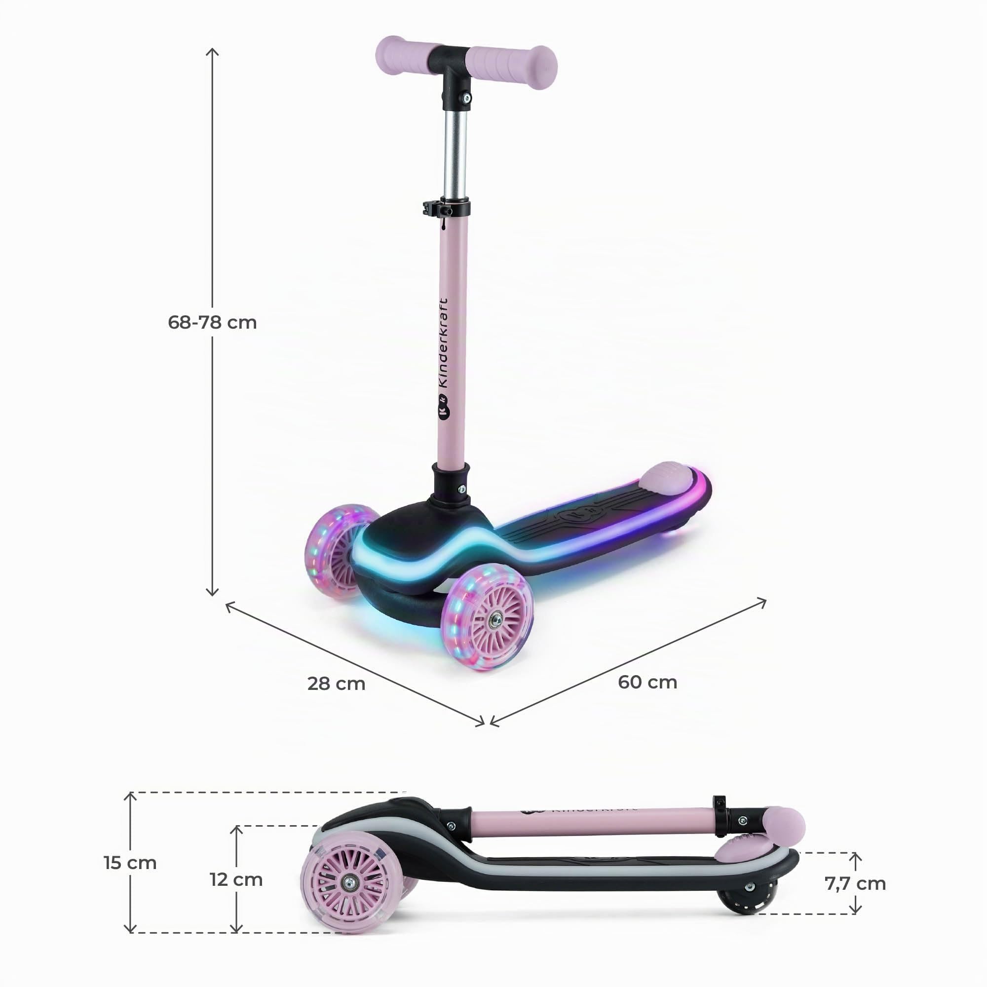 Kinderkraft RAKET Trottinette pour Enfants de 1 an à 50 kg, Trottinette, Roues LED, Guidon réglable en Hauteur, Design Moderne, Rose