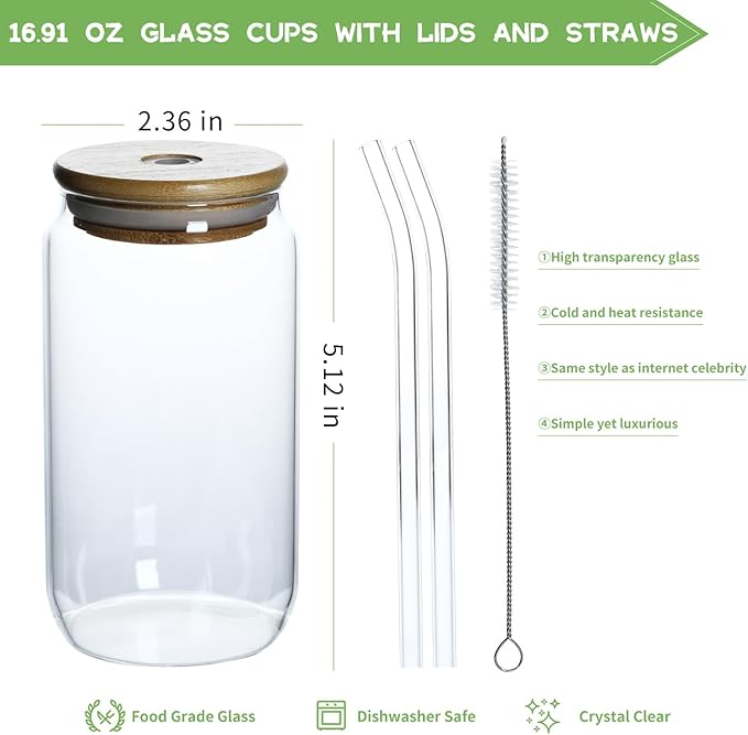 Set de 4 vasos de vidrio con tapa y sorbete, 16 oz miniatura 3