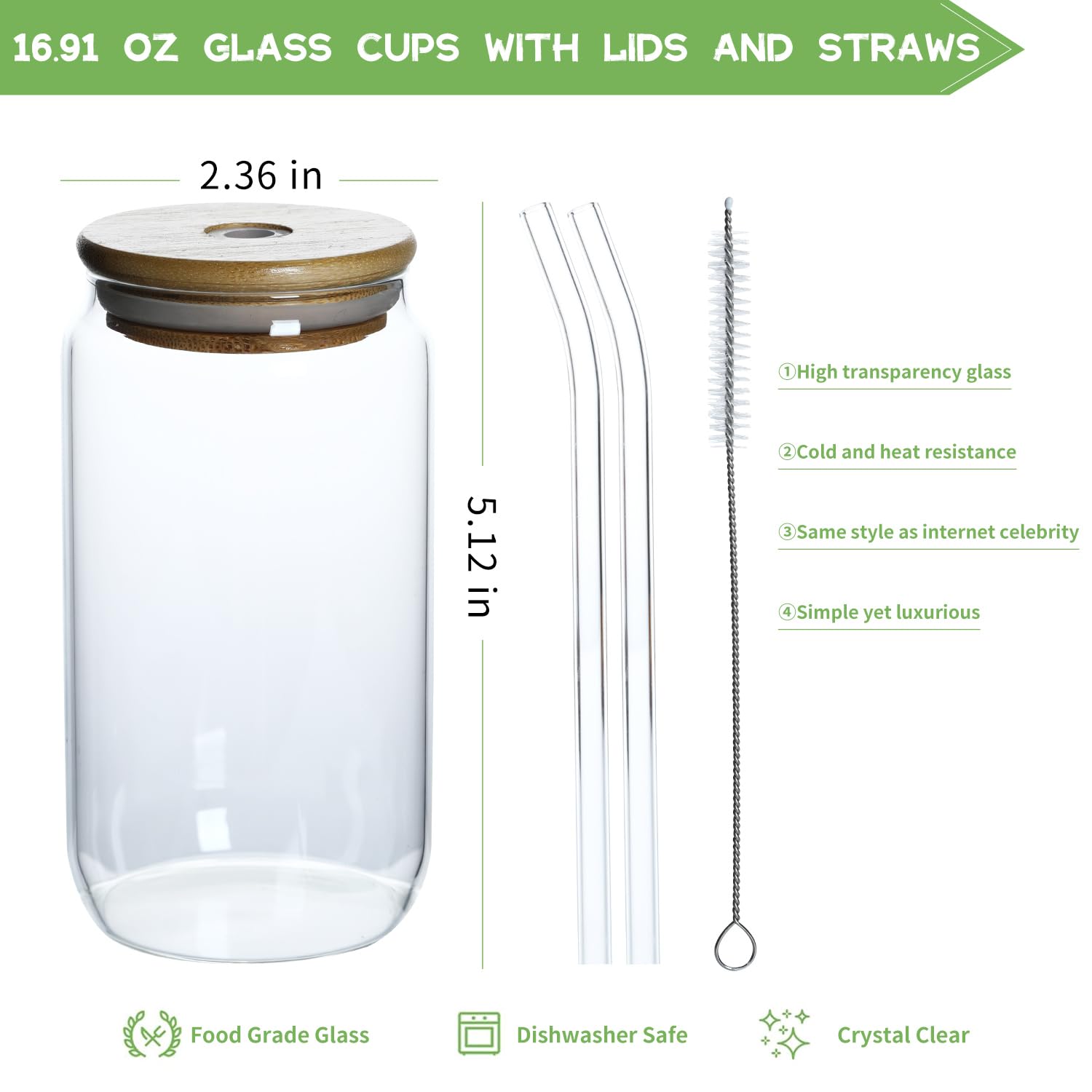 XCENUNTY glass 16 ounces (approximately 453.6 grams), 1 glass with lid and straw - coffee cup, water, beer, cute tea, gift -1 cleaning brush, 2 straw