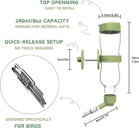 Bird Water Feeder, Automatic Water Dispenser for Cage Hanging Water Bottle for Parakeet Canary Cockatiel Finch Budgie (Green, 240ml)