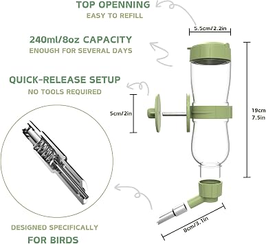 Bird Water Feeder, Automatic Water Dispenser for Cage Hanging Water Bottle for Parakeet Canary Cockatiel Finch Budgie (Green, 240ml)