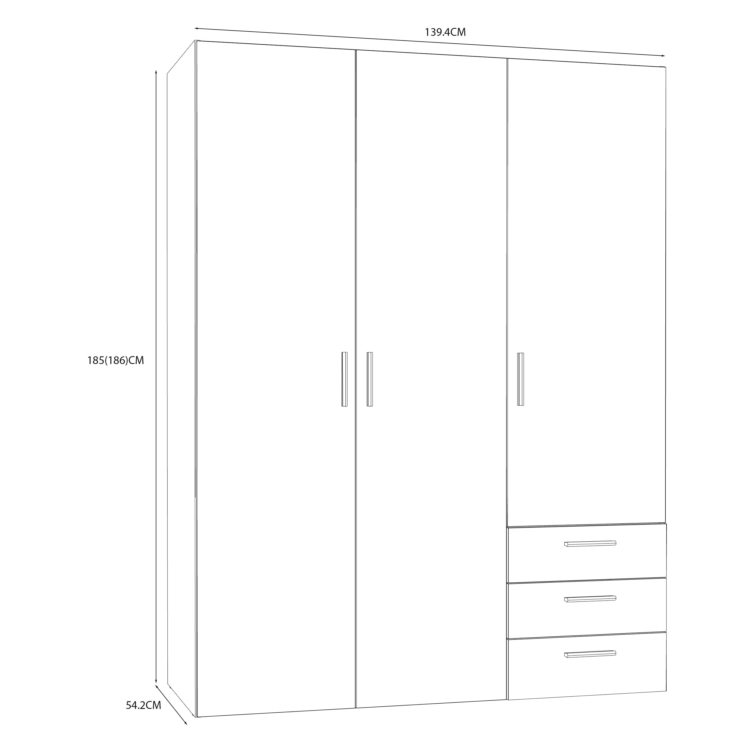 Forte Armario clásico Brooklyn 140 con 3 Puertas y 3 cajones, Madera de Roble Sonoma, 139,4 cm de Ancho, 185 cm de Alto, 54,2 cm de Profundidad