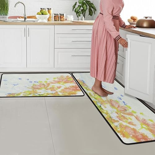 Miniatura 7 de Tapete de cocina acolchado antifatiga, estilo pintura al óleo, flores, juego de 2 piezas, duradero, resistente a las manchas, parte inferior