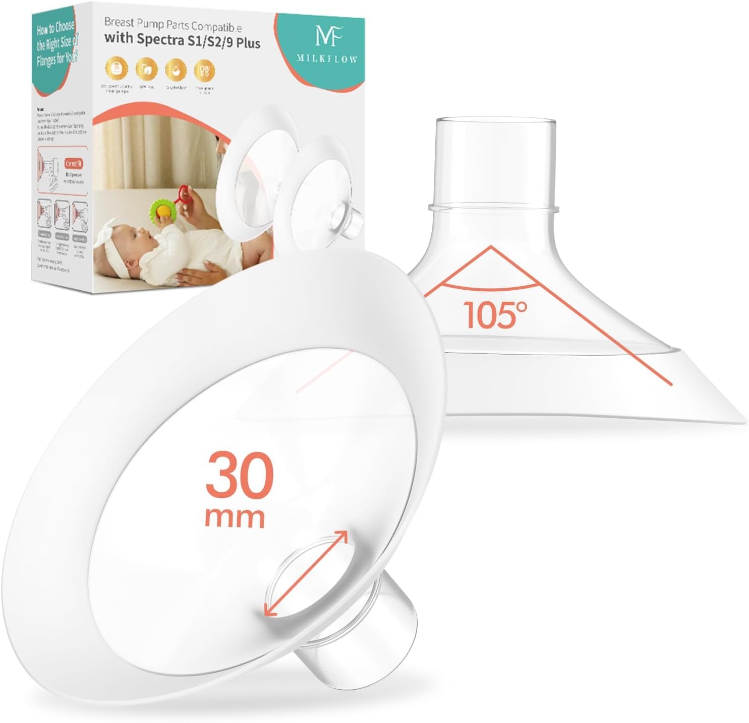 Breast Flanges 30mm 2-Pack for Medela Pump in Style, Symphony, Freestyle, Sonata, Maxflow and Lansinoh Signature Pro Breast Pumps