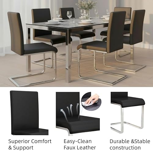 Miniatura 5 de SHGJ&SOFT Juego de 4 sillas de comedor modernas, tapizadas de piel sintética negra con base de trineo de metal, sillas laterales sin brazos con