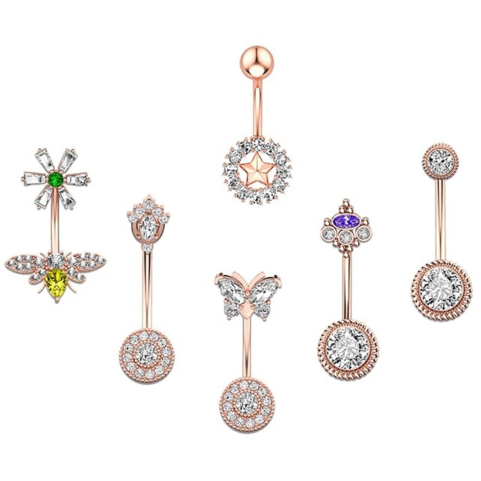 Exquisite Barbell Navel Belly Button Rings Set Butterfly Bee Crown Belly Piercing Lot 14g Cz Women Body Jewelry