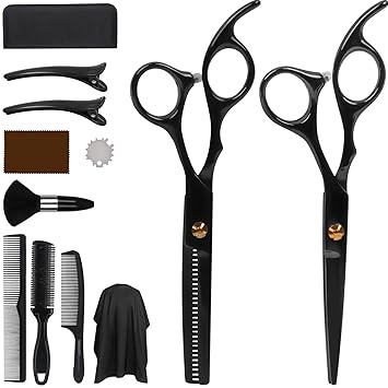 AnJeey Hair Cutting Scissors Kits?12Pcs Stainless Steel Professional Hairdressing Scissors Set with Barber Cape, Comb and Clips for Men, Women, Kids and Pets