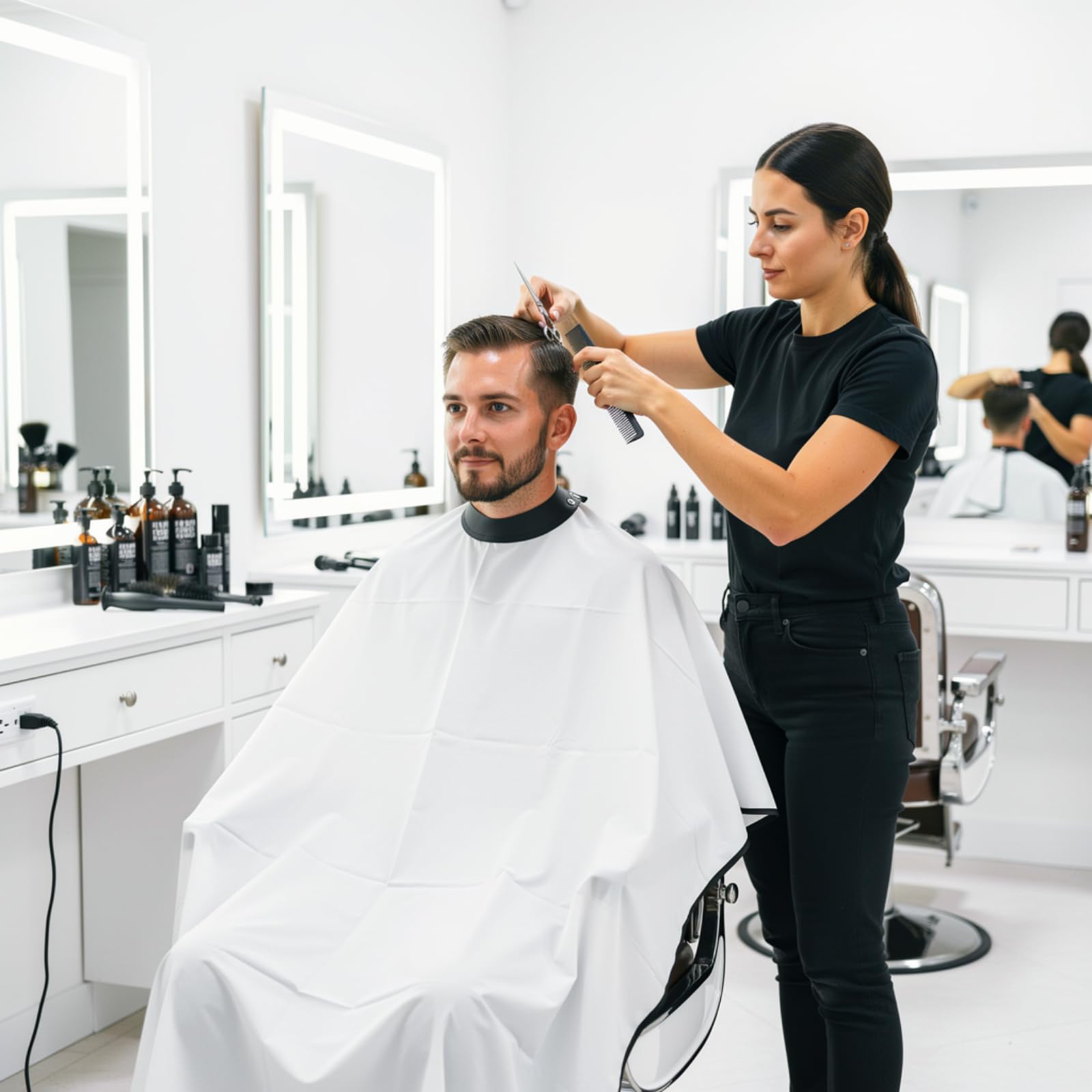 Weisse Friseurumhänge, Wasserdicht Barber Cape Druckknopf | Antistatisches Spezialgewebe, Feuchtigkeitsabweisend, Glatt, Professionelle Salons, Erwachsene für alle Körpergrößen