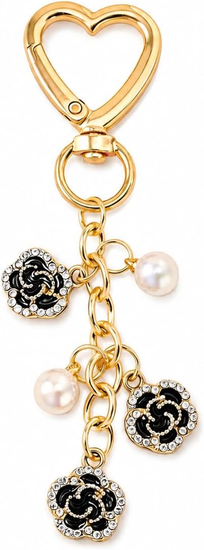Heart Pearl Flower Keychain Elegant Crystal Rhinestone Bag Charm Gold Purse Pendant Cute Accessory Gift for Women