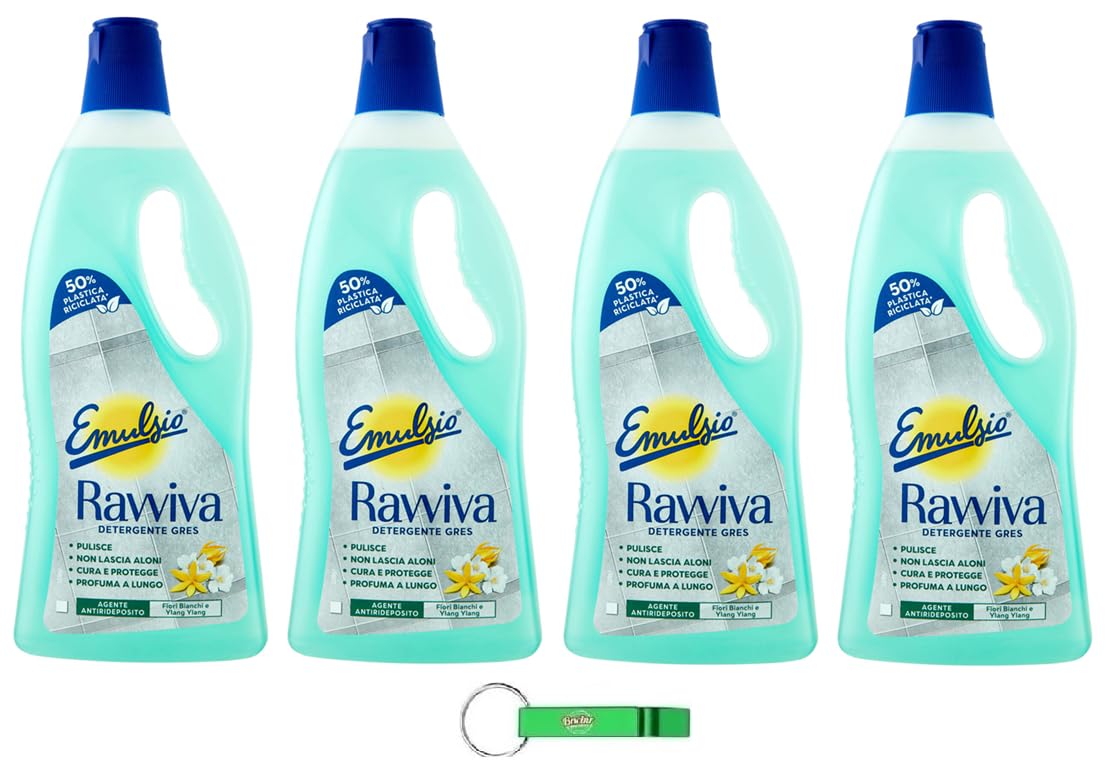 4 x Emulsio Ravviva Pavimenti Gres – Detergente per pavimenti in gres – Profumo di fiori bianchi e ylang-ylang 750 ml + portachiavi Beni Culinari