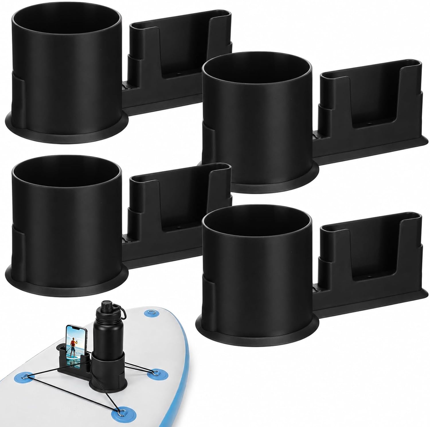 4 Pcs Paddleboard Cup Holder 2-in-1 Paddle Board and Kayak Drink and Phone Holder Paddle Board Accessories for Surfboards, Canoes, Sups, Kayaks, Boats (Black)