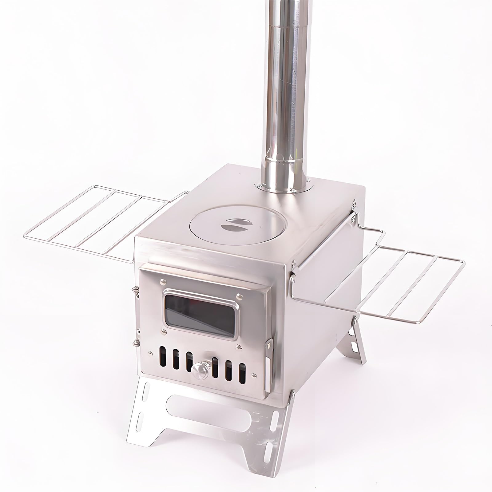 Stufa a Legna da Campeggio Stufa Portatile per Tende in Acciaio Inox, Vetro Resistente al Calore, Camino e Griglia, Perfetta per Casa e Outdoor(White)