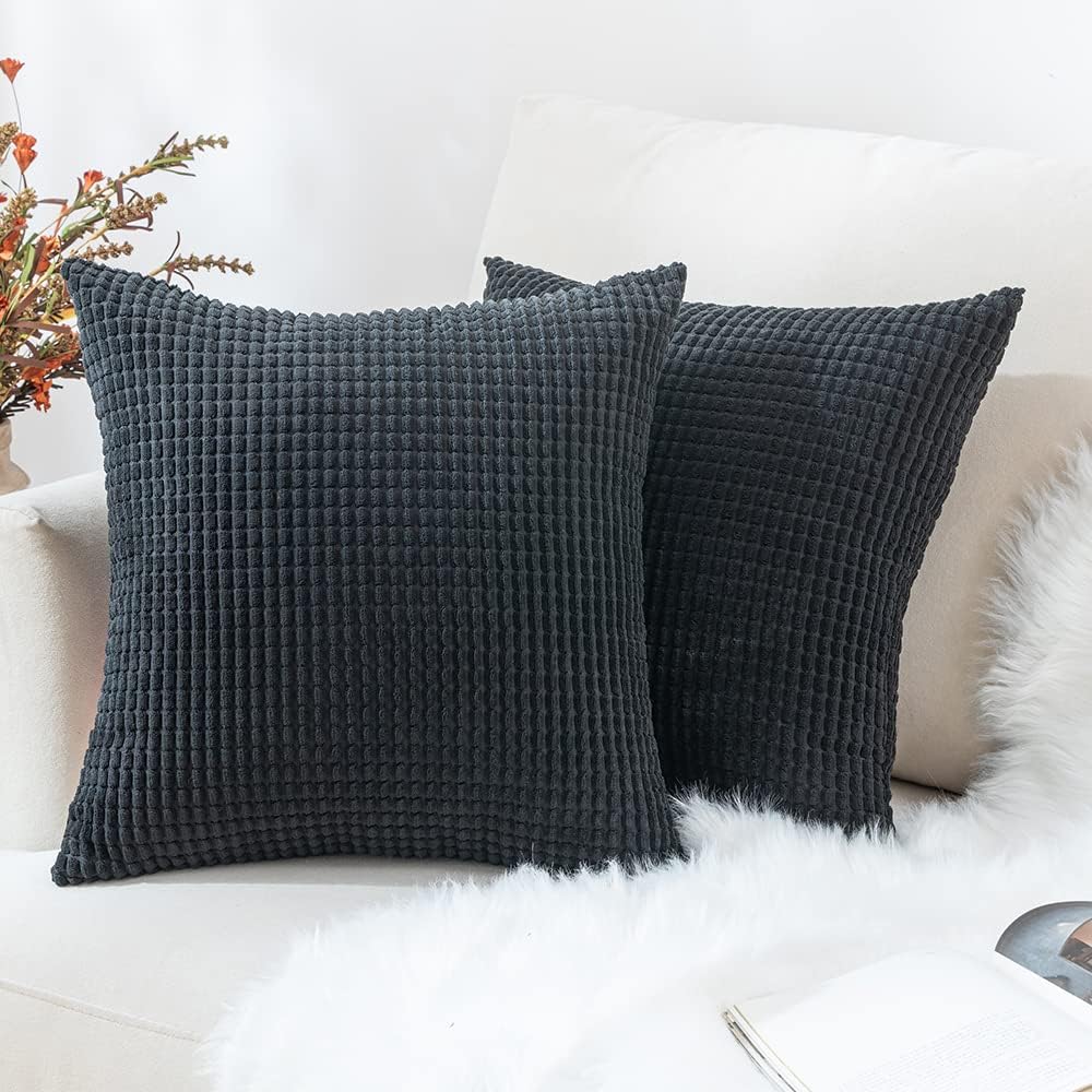 Maqash Black Cushions With Covers Included Sets Pcs – (2 Cushion Inserts+ 2 Cushion Covers) –Corn Corduroy Sofa Cushions - Bed Cushions & Accessories - Fluffy 45Cm X 45Cm Filled Size 4