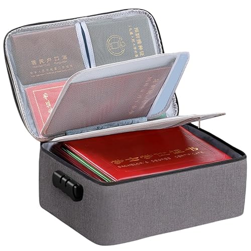 書類収納バッグ 鍵付き 集金袋 書類収納バッグ 耐火バッグ 4層式 パスワードロック金庫 貴重書類保管ケース パスポート ファイル 現金収納ケース 防水 大容量 安心 パスポート ファイル 書類 貴重品 証明書 家庭用 業務用 (グレー)