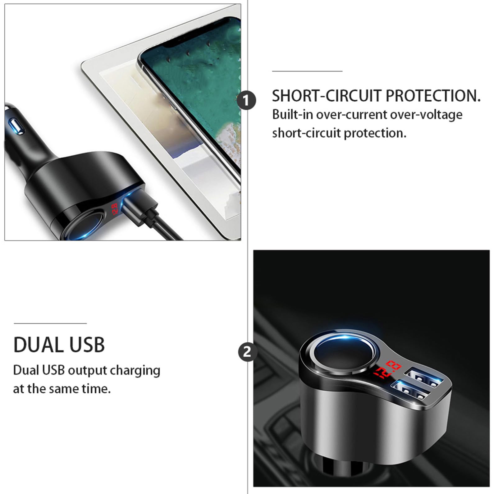 Cargador Rápido para Móvil de Coche con Doble USB y Pantalla LED Carcasa Metálica Resistente con Protección contra Sobrecarga Compatible para Múltiples Modelos