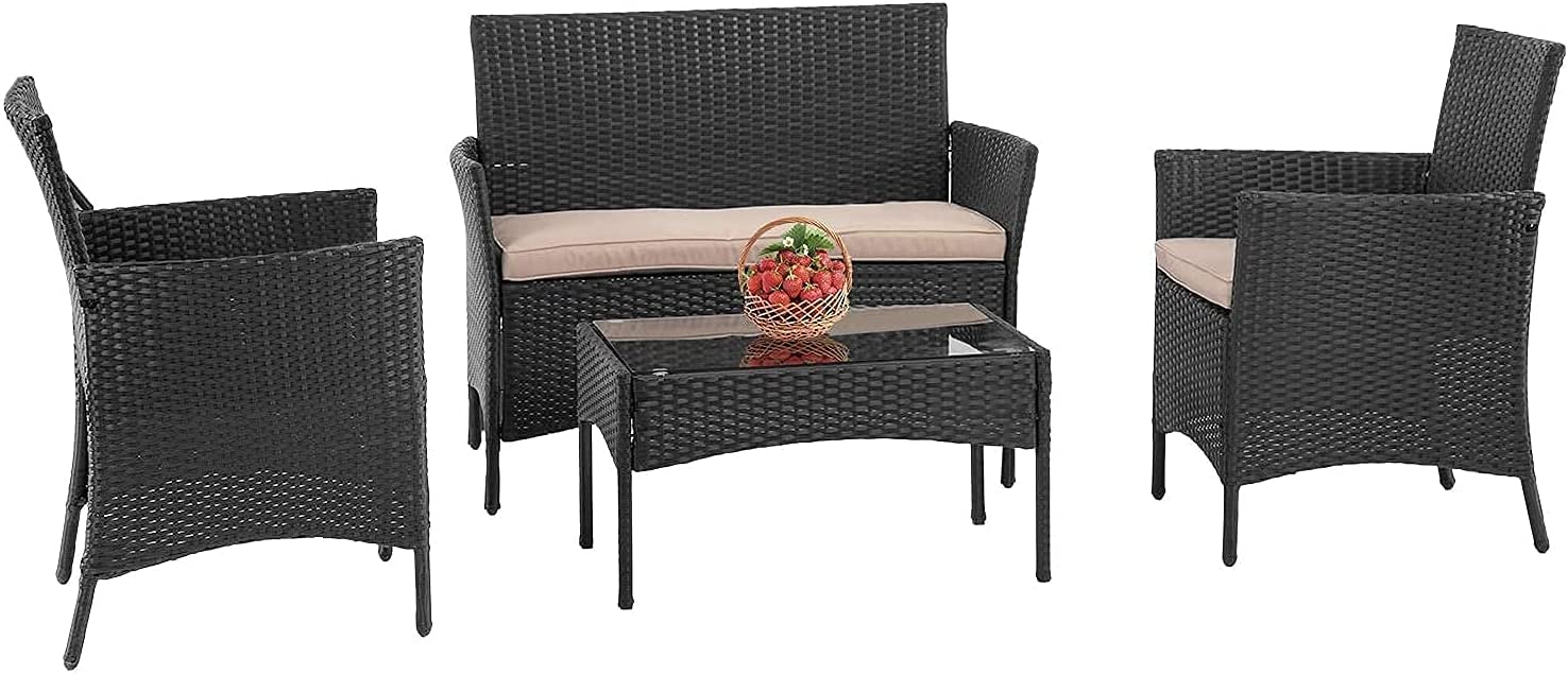 FDW Outdoor Indoor Use Rattan Chairs Wicker Conversation Sets for Backyard Lawn Porch Garden Balcony,Black