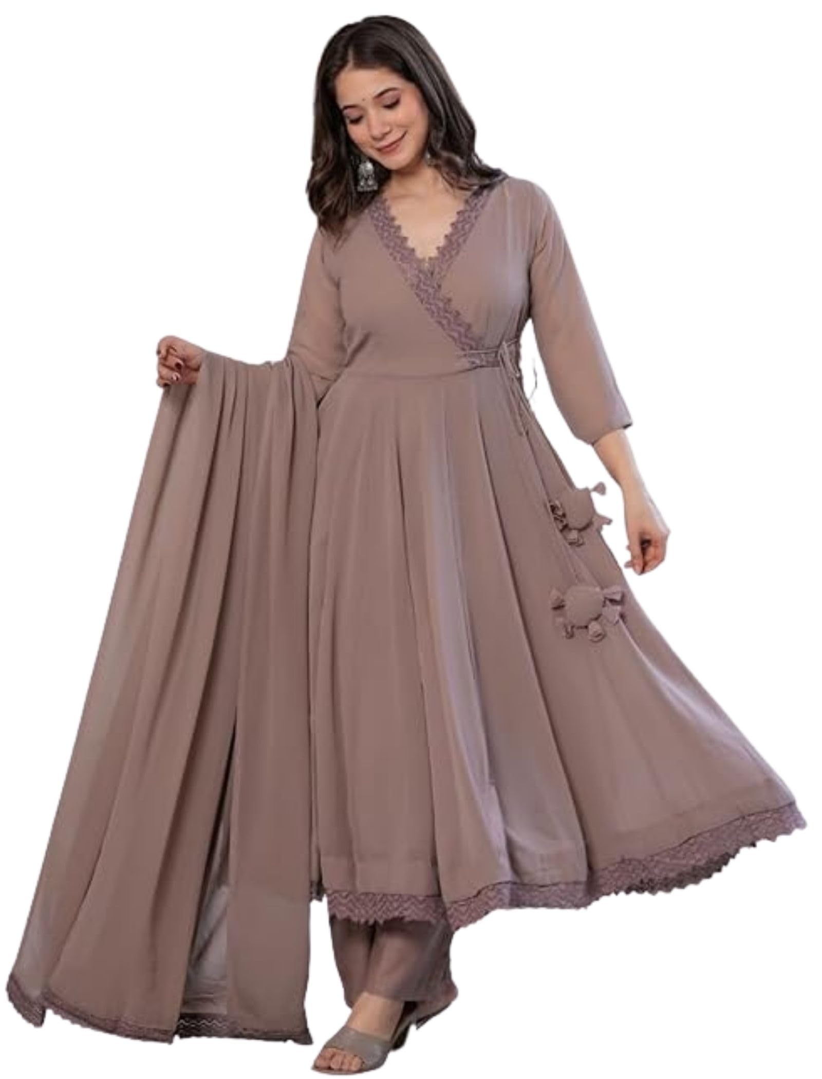 estela Women's Solid Pattern Georgette Anarkali Kurta Pant Dupatta Set with Guipure Lace 3/4 Sleeve Round Neck Calf Length and Pull On Closure Type | Anarkali Suit For Women | Womens Kurta Pant Set-picture-57
