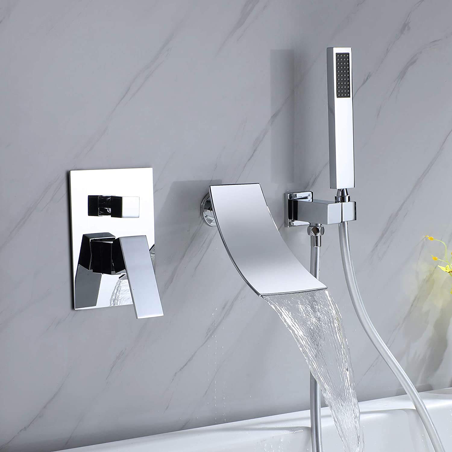 Waterfall Bathtub Faucet Wall Mounted With Handheld Shower Chrome, Tub - View #3