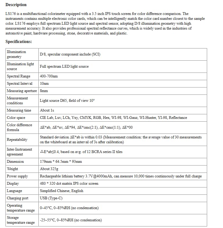 LS176 Spectrophotometers ColorimeterD/8° High Accuracy Whiteness andYellowness Spectral Reflectance Curves