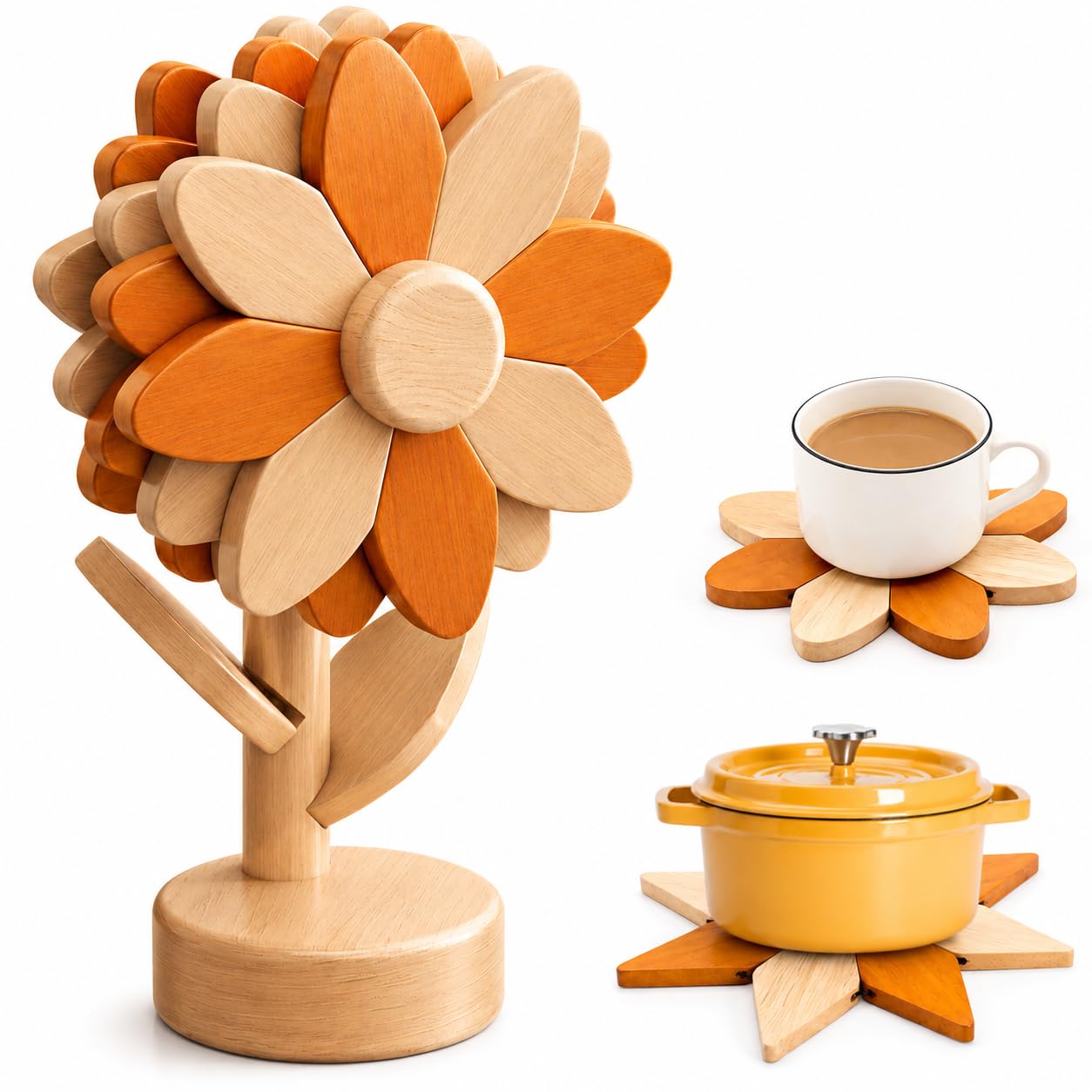 Photo 1 of Cycayit Sunflower Trivets, 5Pc Wooden Tree Stand Set