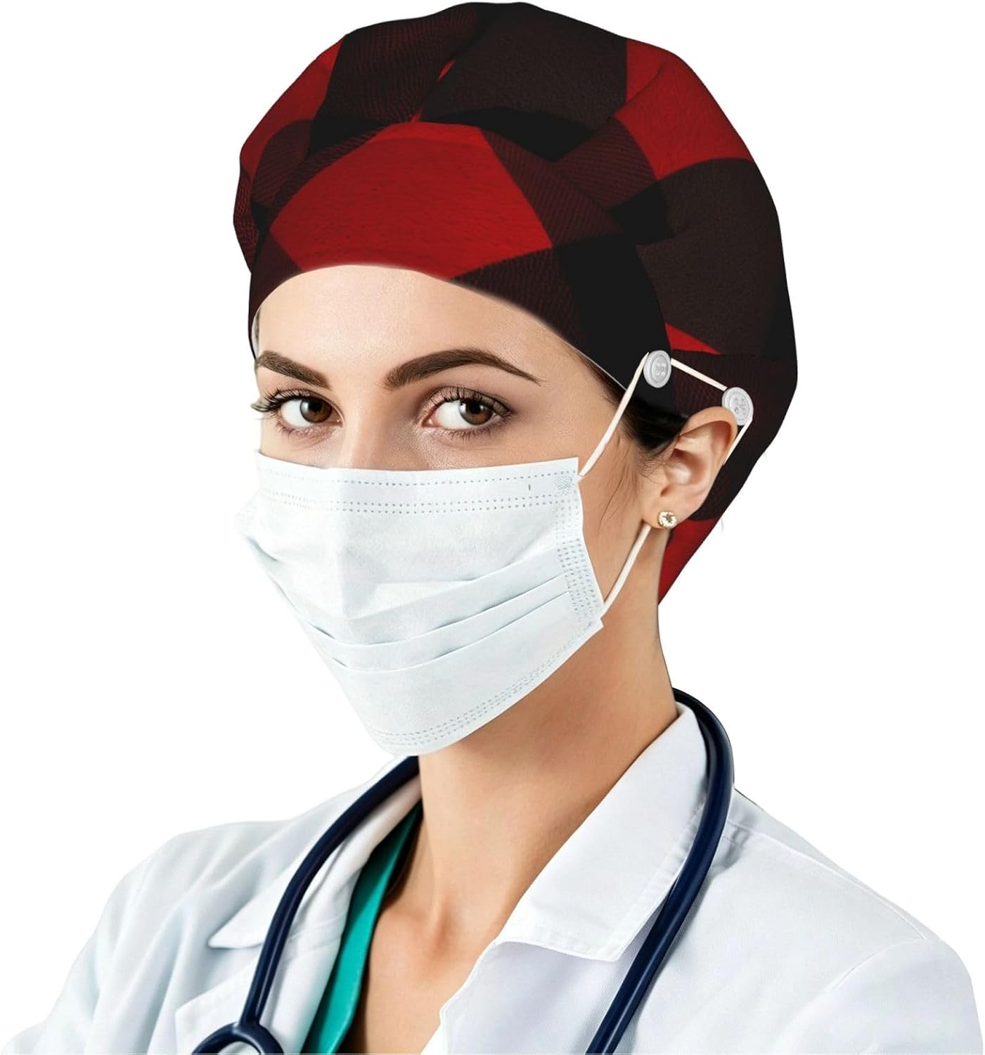 Plaid Red and Black Bouffant Cap with Buttons, Sweatband Cap