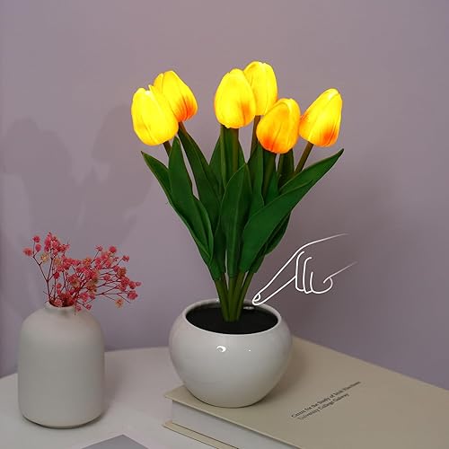 Neoglint Lámpara de tulipán decorativa para interiores, lámpara de mesa para maceta, luz nocturna ambiental, regalo de planta en maceta (naranja, 6