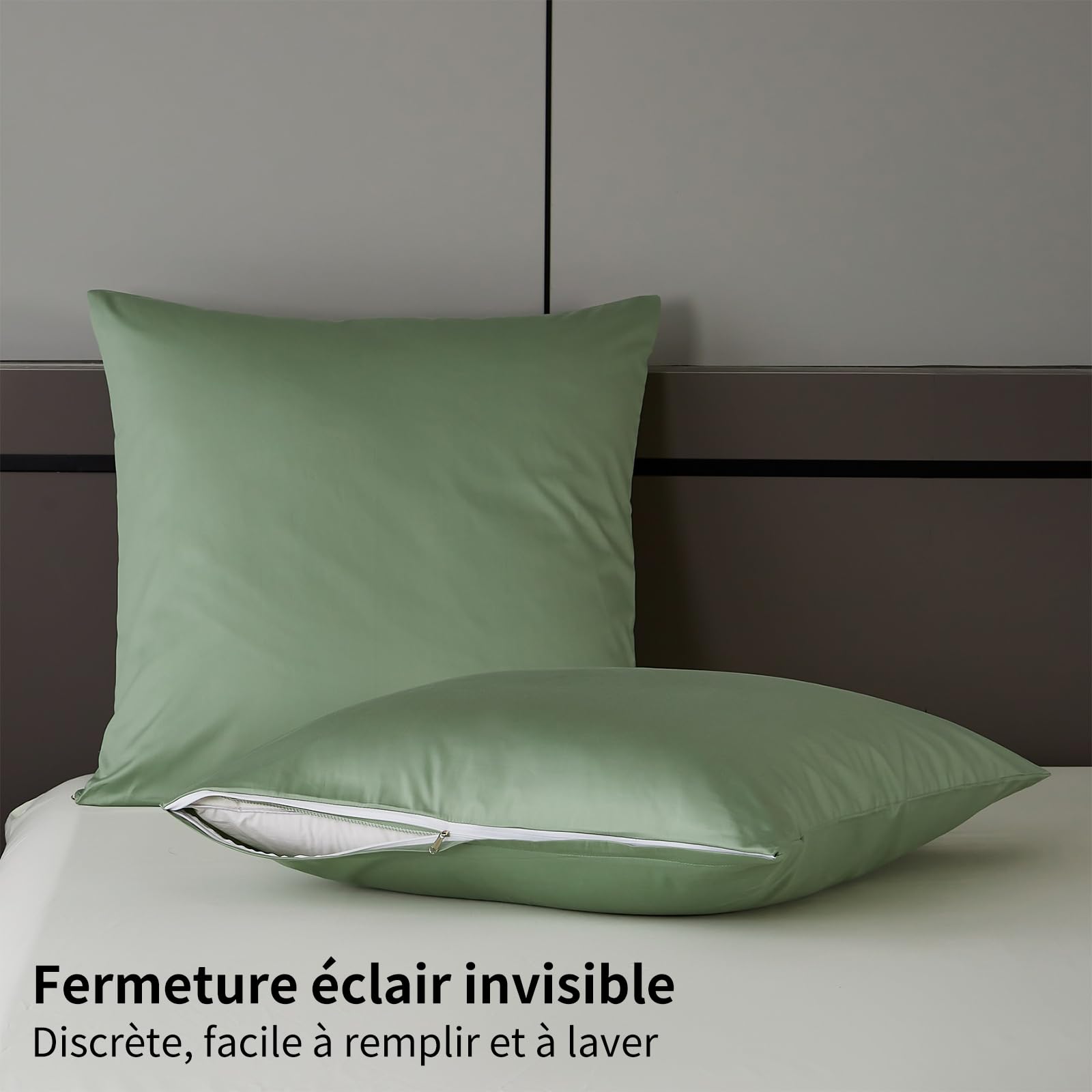 Copripiumino in raso di cotone 240 x 260 verde, 100% cotone, raso, set da letto morbido e setoso traspirante Lyocell seta biancheria da letto matrimoniale con cerniera e cuscino, federe 65 x