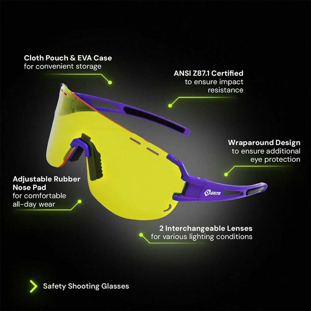 GRITR Lunettes de sécurité pour tir – ANSI Z87.1 – Lunettes de protection des yeux avec verres interchangeables et étui de transport