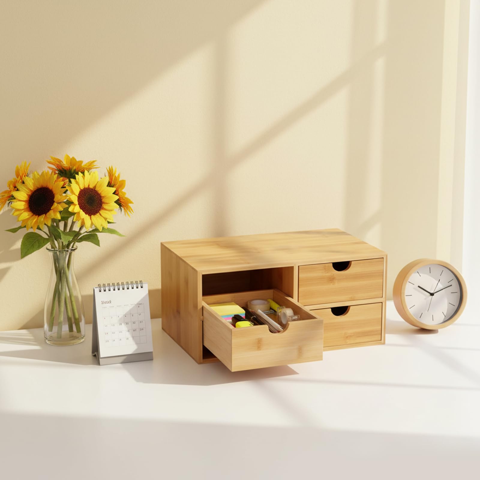 Pudełko do przechowywania artykułów biurowych, drewniane pudełko z 4 przegródkami, 33 × 19 × 16 cm, duży organizer na biurko, nadaje się do salonu, sypialni, gabinetu, biura i akademika